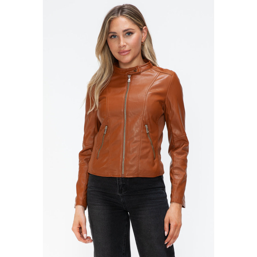 Snobbish Faux Leather Zip Up Drawstring Hooded Jacket Apparel and Accessories