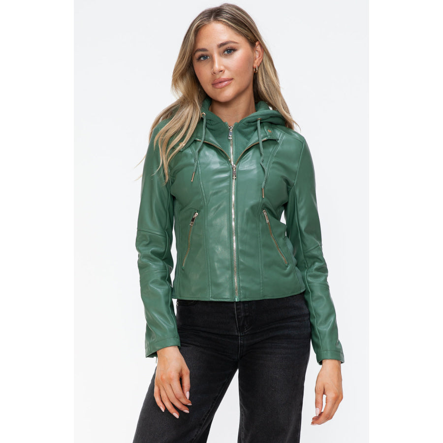 Snobbish Faux Leather Zip Up Drawstring Hooded Jacket Sage / S Apparel and Accessories