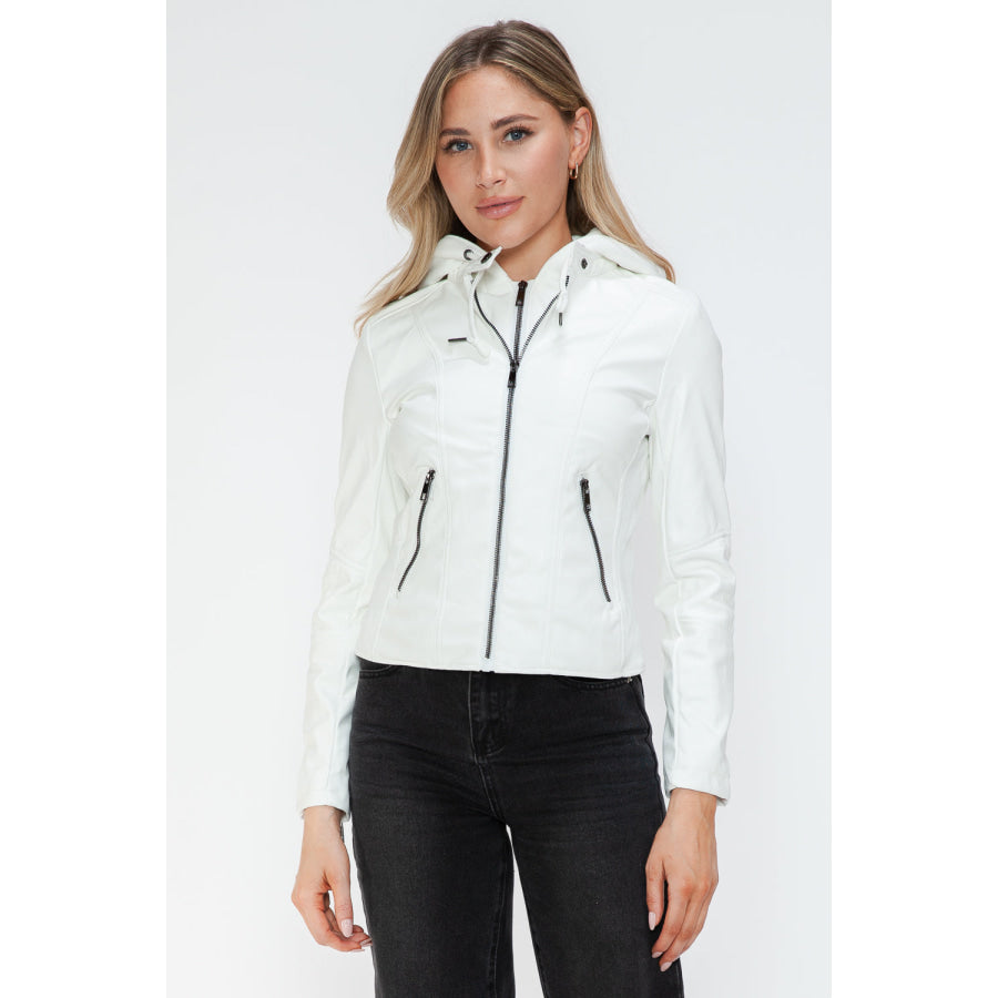 Snobbish Faux Leather Zip Up Drawstring Hooded Jacket White / S Apparel and Accessories