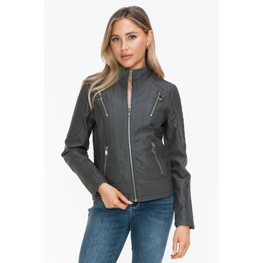 Snobbish Faux Leather Zip Up Mock Neck Jacket Apparel and Accessories