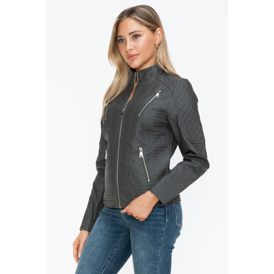 Snobbish Faux Leather Zip Up Mock Neck Jacket Apparel and Accessories