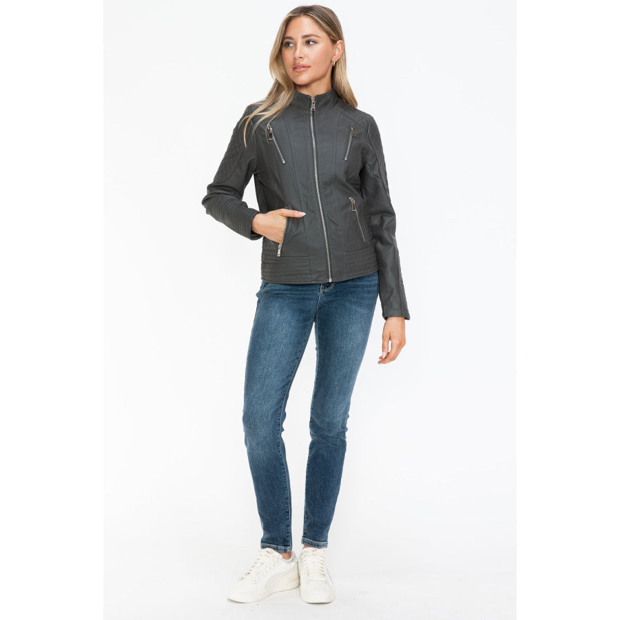 Snobbish Faux Leather Zip Up Mock Neck Jacket Apparel and Accessories