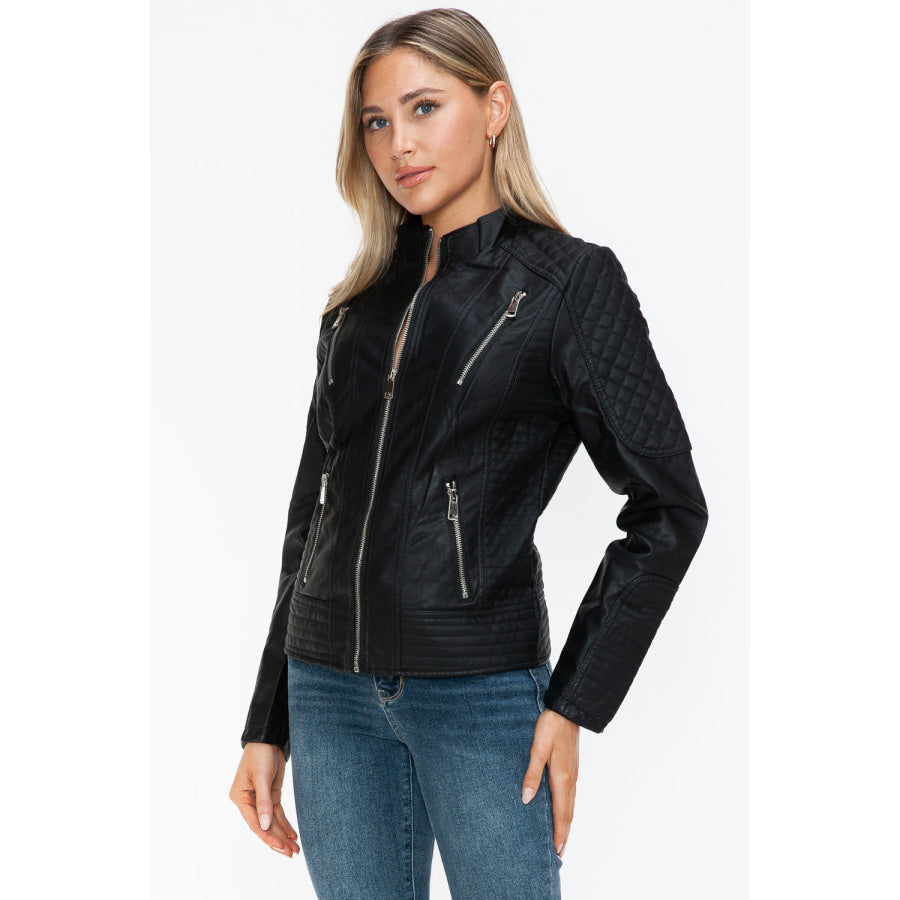 Snobbish Faux Leather Zip Up Mock Neck Jacket Apparel and Accessories