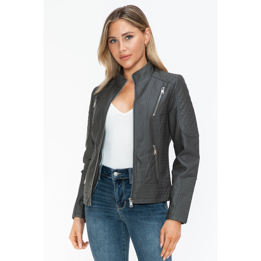 Snobbish Faux Leather Zip Up Mock Neck Jacket Apparel and Accessories