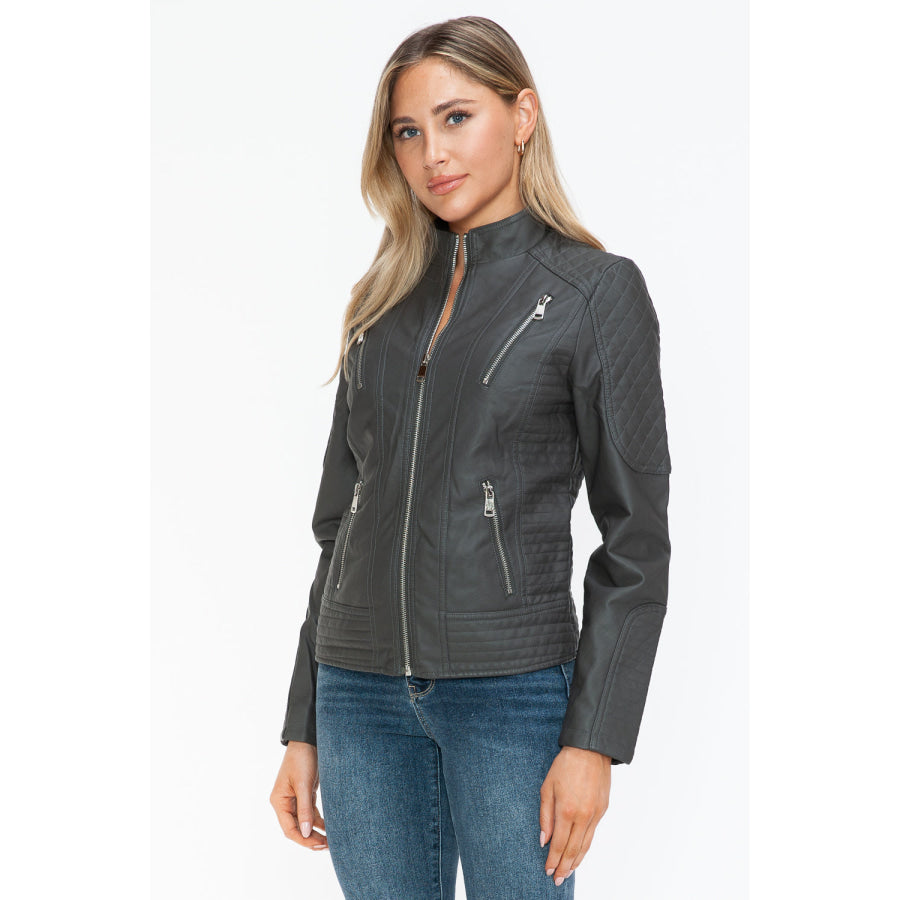 Snobbish Faux Leather Zip Up Mock Neck Jacket Apparel and Accessories