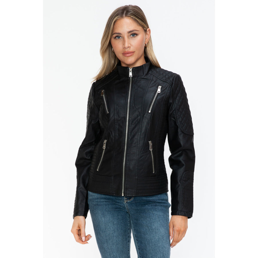 Snobbish Faux Leather Zip Up Mock Neck Jacket Apparel and Accessories