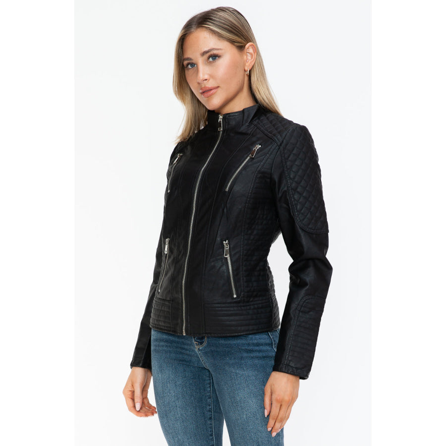 Snobbish Faux Leather Zip Up Mock Neck Jacket Apparel and Accessories