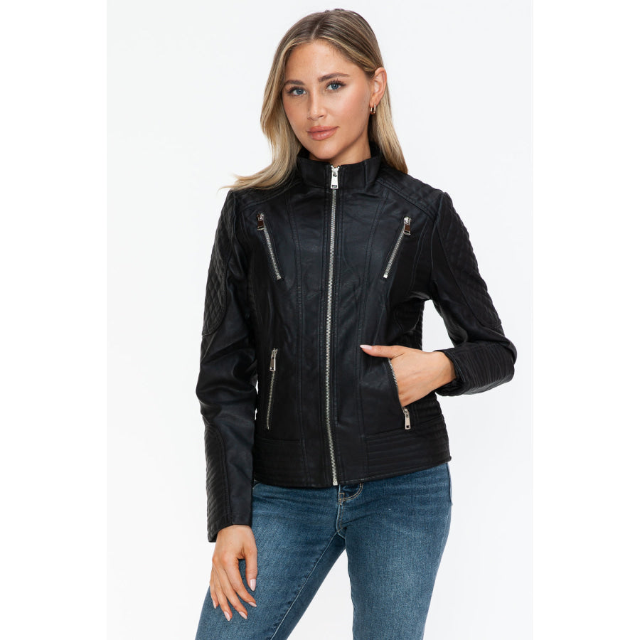 Snobbish Faux Leather Zip Up Mock Neck Jacket Apparel and Accessories