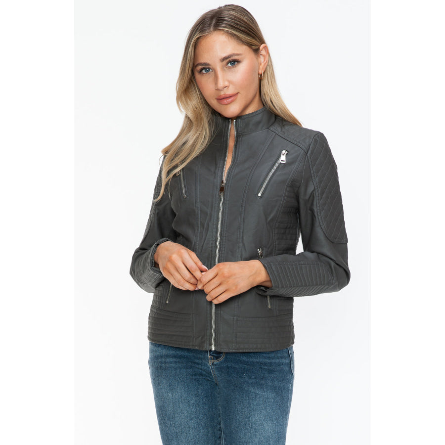 Snobbish Faux Leather Zip Up Mock Neck Jacket Apparel and Accessories