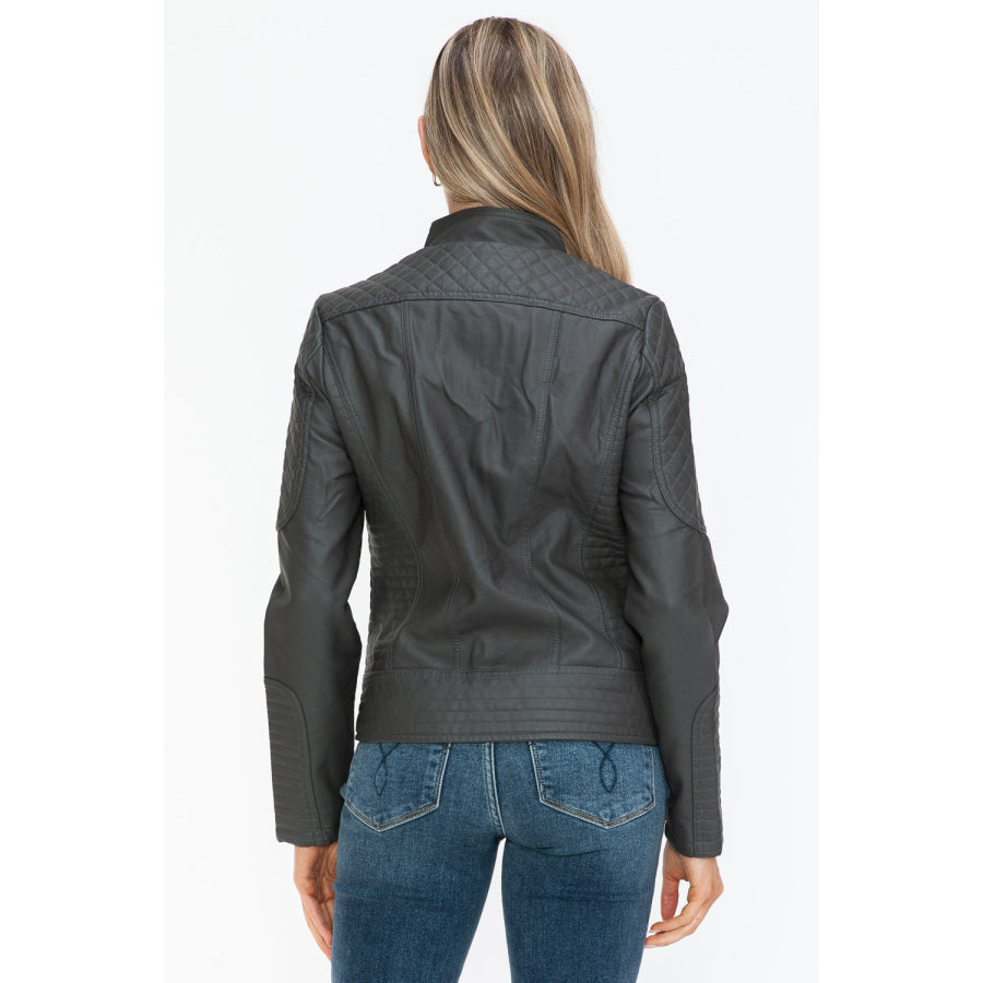 Snobbish Faux Leather Zip Up Mock Neck Jacket Apparel and Accessories