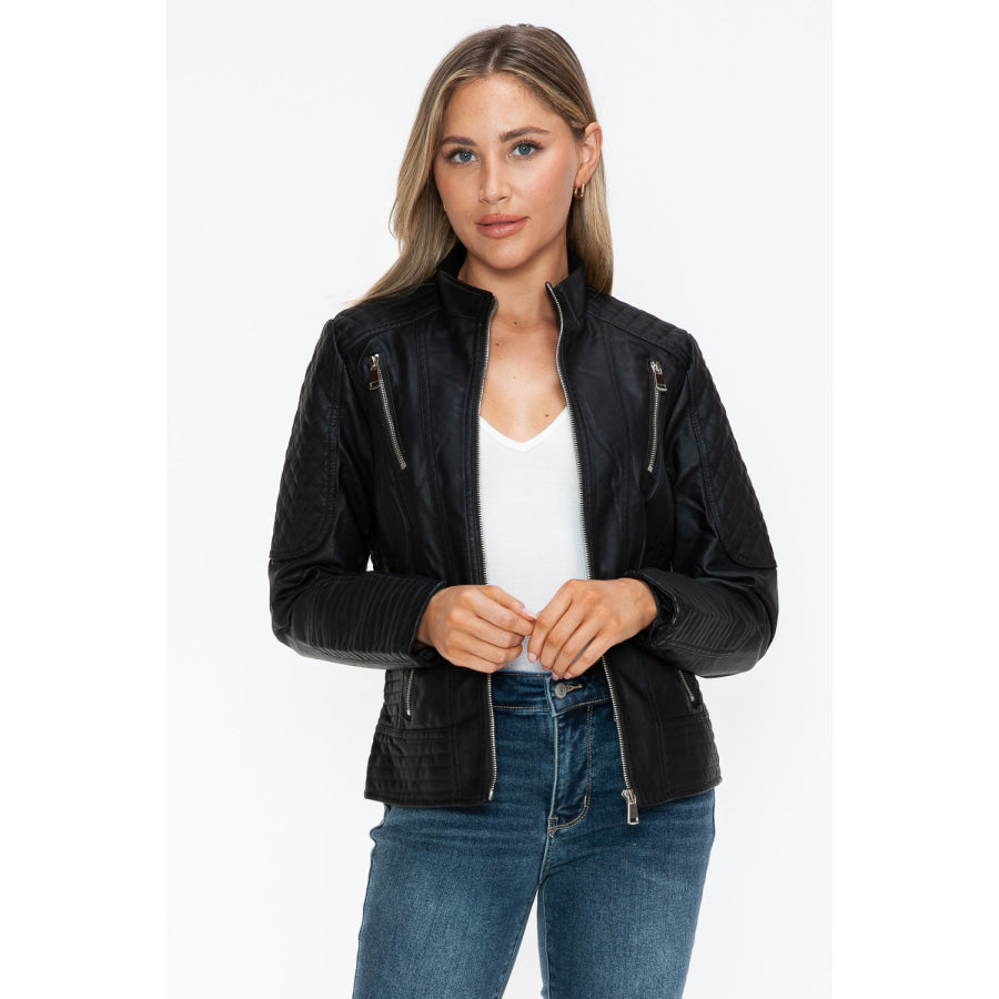 Snobbish Faux Leather Zip Up Mock Neck Jacket Apparel and Accessories