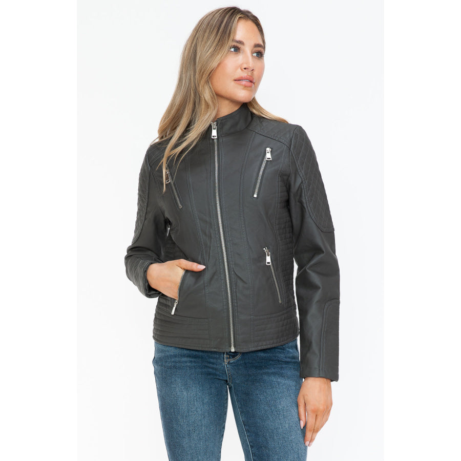 Snobbish Faux Leather Zip Up Mock Neck Jacket Apparel and Accessories