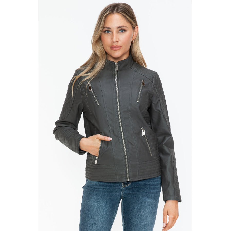 Snobbish Faux Leather Zip Up Mock Neck Jacket Apparel and Accessories