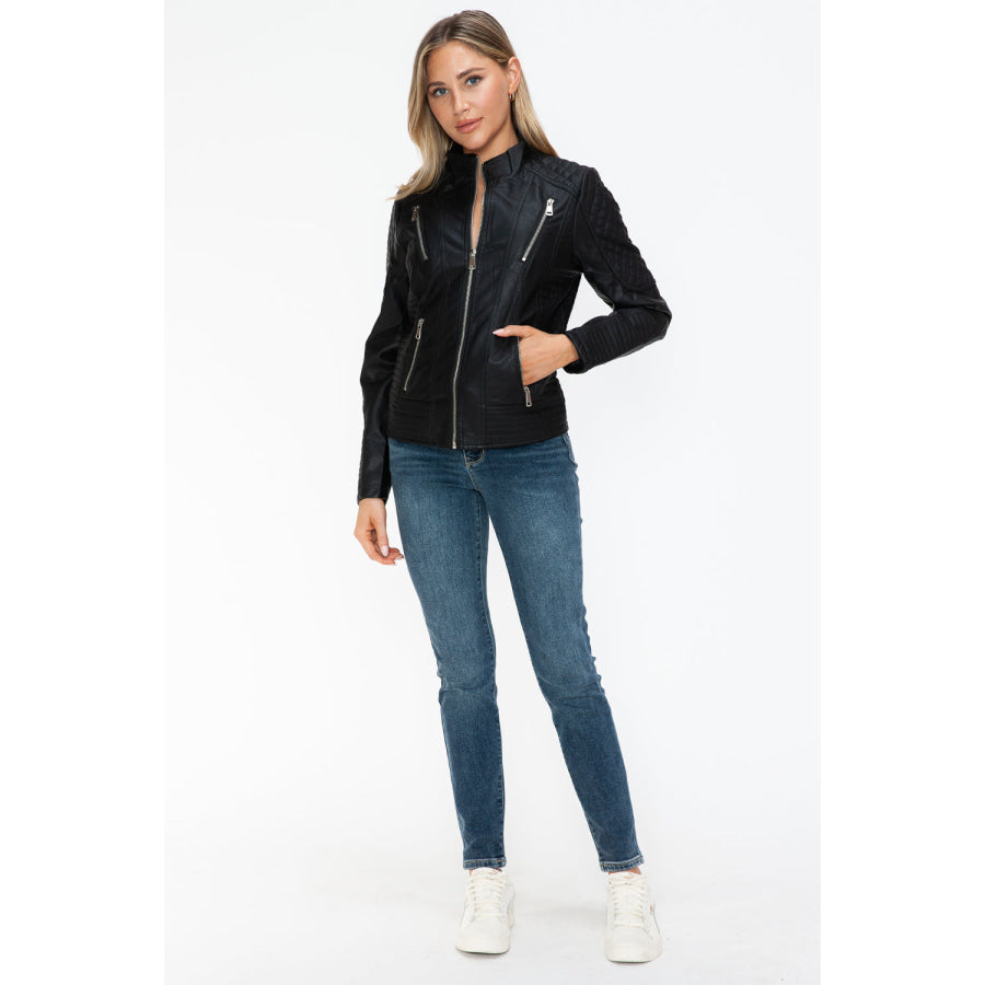 Snobbish Faux Leather Zip Up Mock Neck Jacket Apparel and Accessories