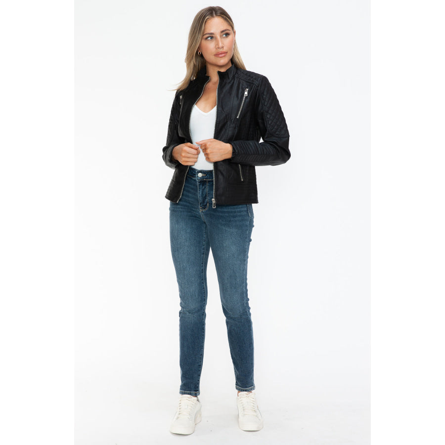 Snobbish Faux Leather Zip Up Mock Neck Jacket Apparel and Accessories