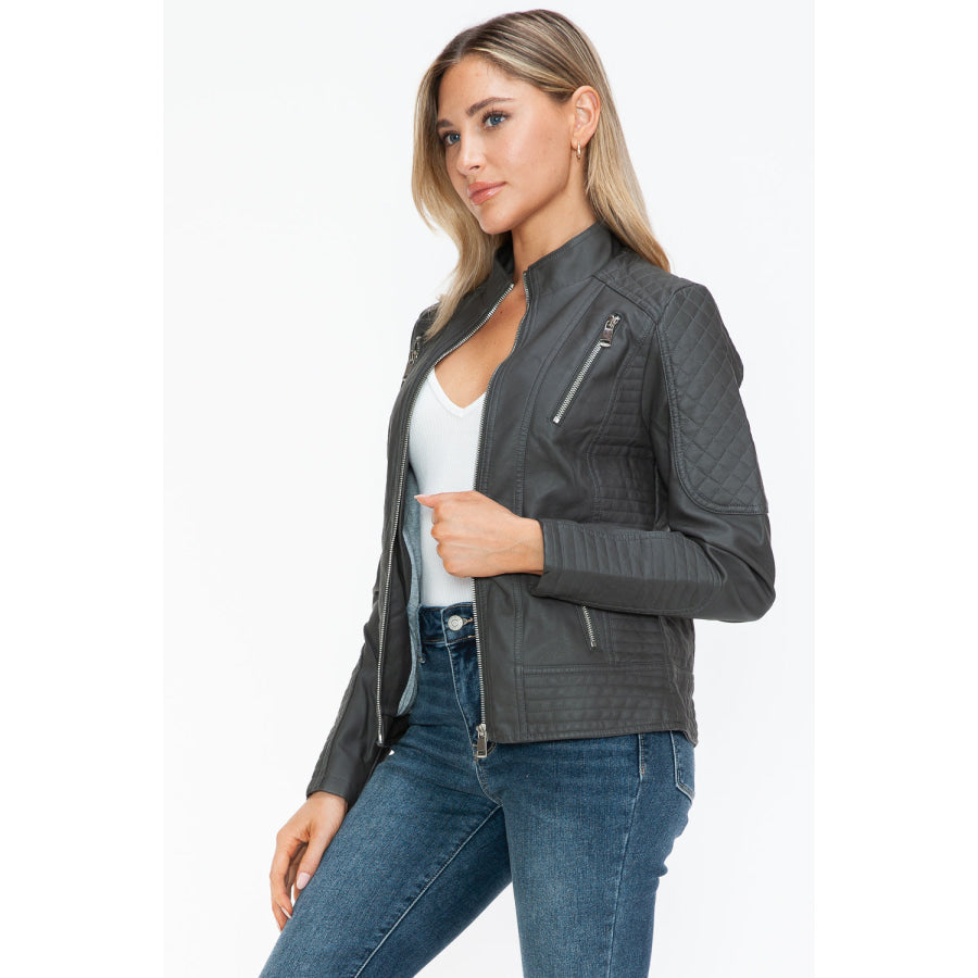 Snobbish Faux Leather Zip Up Mock Neck Jacket Apparel and Accessories