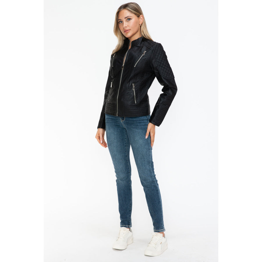 Snobbish Faux Leather Zip Up Mock Neck Jacket Apparel and Accessories