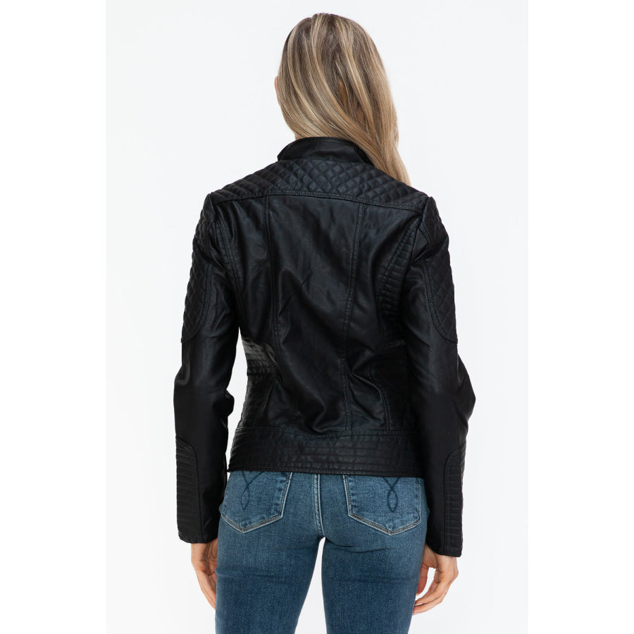 Snobbish Faux Leather Zip Up Mock Neck Jacket Apparel and Accessories