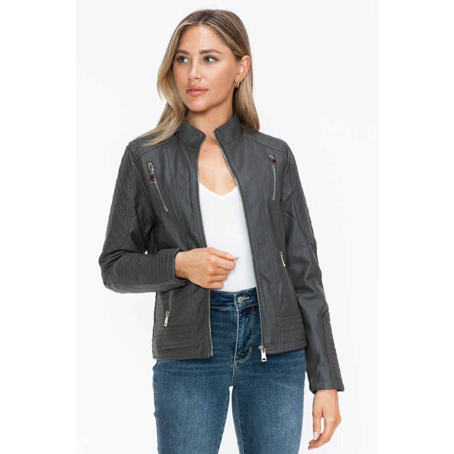 Snobbish Faux Leather Zip Up Mock Neck Jacket Apparel and Accessories