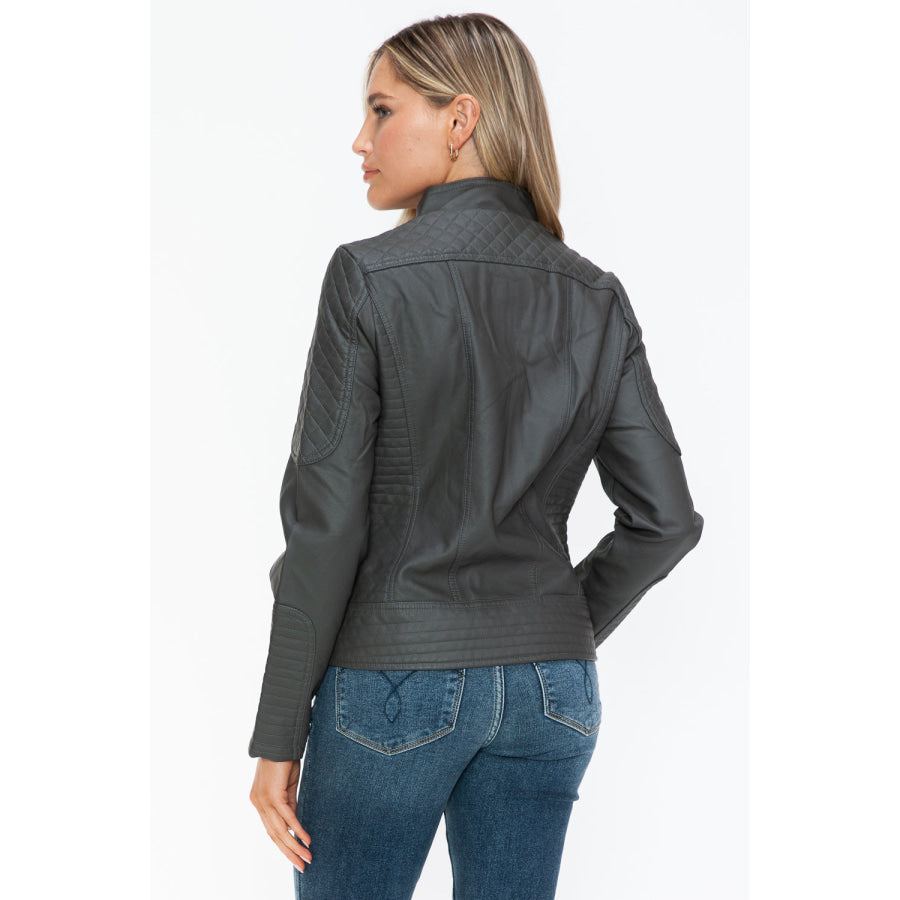 Snobbish Faux Leather Zip Up Mock Neck Jacket Apparel and Accessories