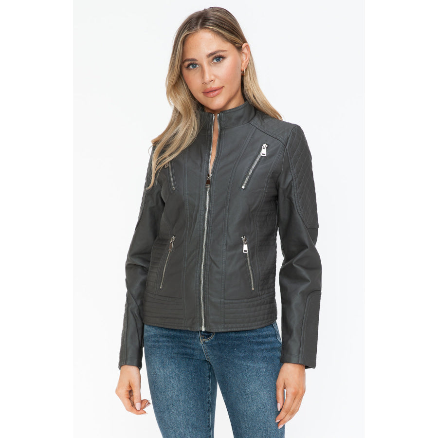 Snobbish Faux Leather Zip Up Mock Neck Jacket Apparel and Accessories