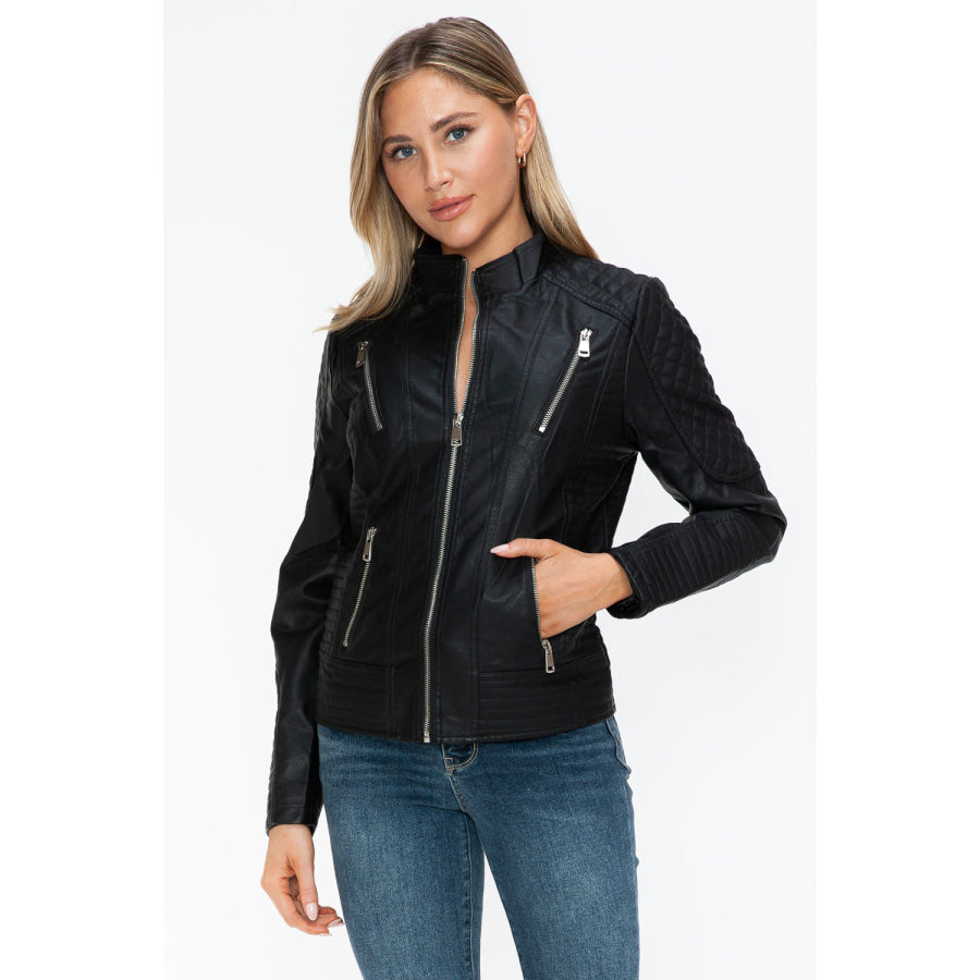 Snobbish Faux Leather Zip Up Mock Neck Jacket Apparel and Accessories