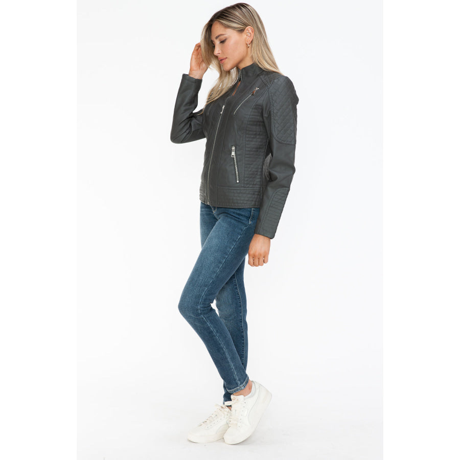 Snobbish Faux Leather Zip Up Mock Neck Jacket Apparel and Accessories