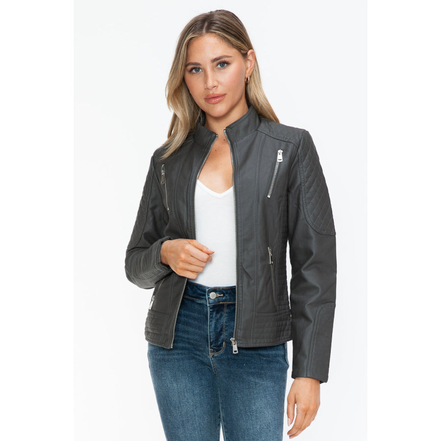 Snobbish Faux Leather Zip Up Mock Neck Jacket Charcoal / S Apparel and Accessories