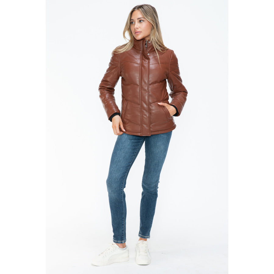 Snobbish Pocketed Zip Up Turtleneck Puffer Jacket Apparel and Accessories