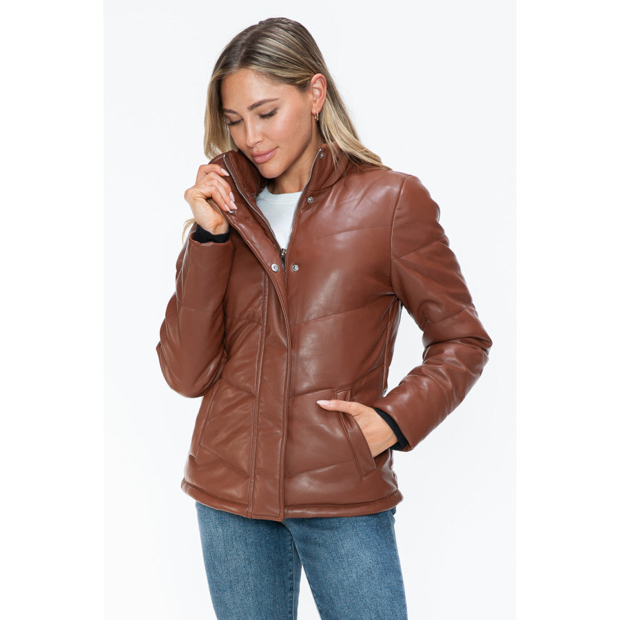 Snobbish Pocketed Zip Up Turtleneck Puffer Jacket Apparel and Accessories