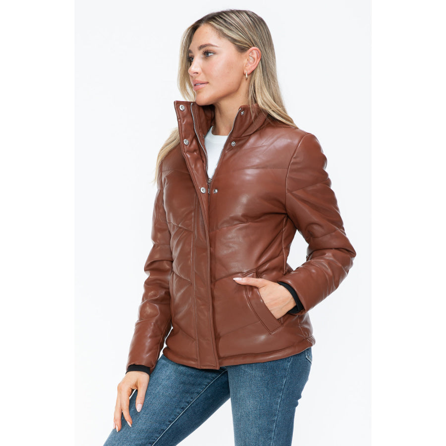 Snobbish Pocketed Zip Up Turtleneck Puffer Jacket Apparel and Accessories