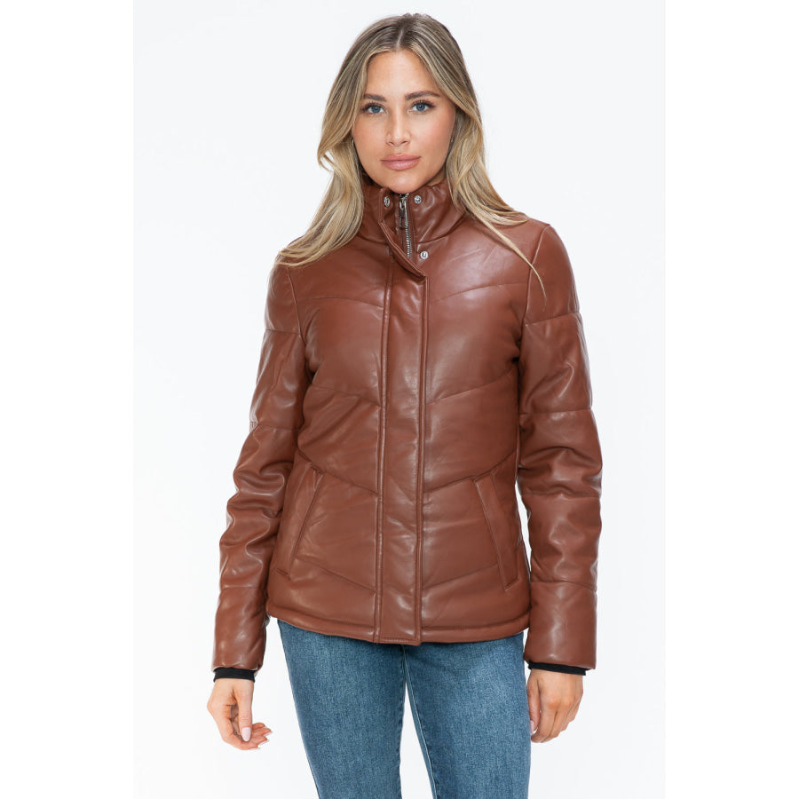 Snobbish Pocketed Zip Up Turtleneck Puffer Jacket Apparel and Accessories