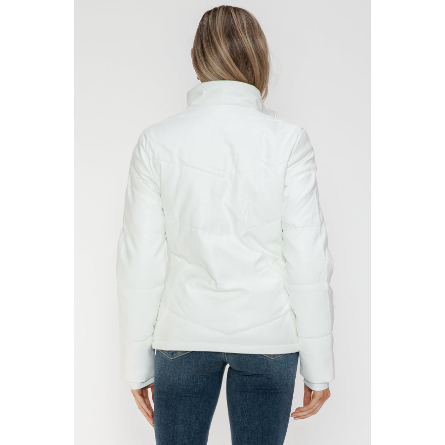 Snobbish Pocketed Zip Up Turtleneck Puffer Jacket White / S Apparel and Accessories