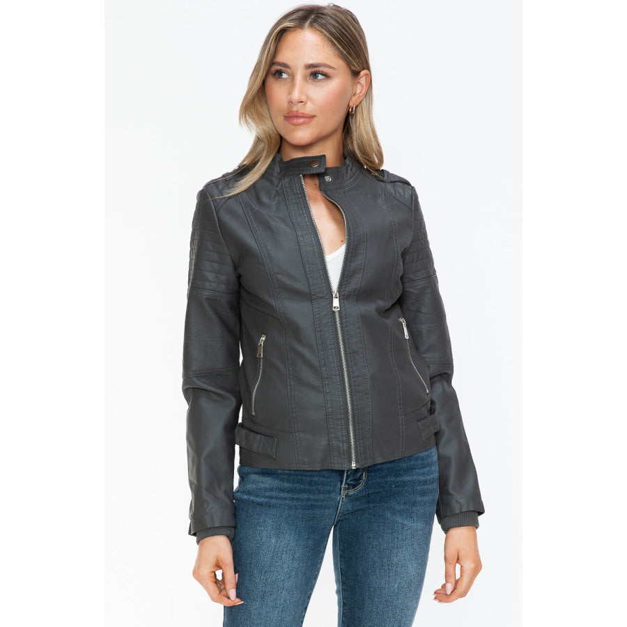 Snobbish PU Leather Biker Jacket with Side Zip Pockets Apparel and Accessories