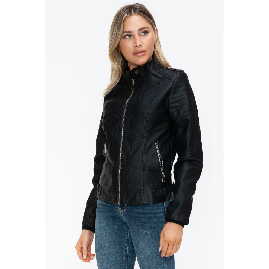 Snobbish PU Leather Biker Jacket with Side Zip Pockets Apparel and Accessories