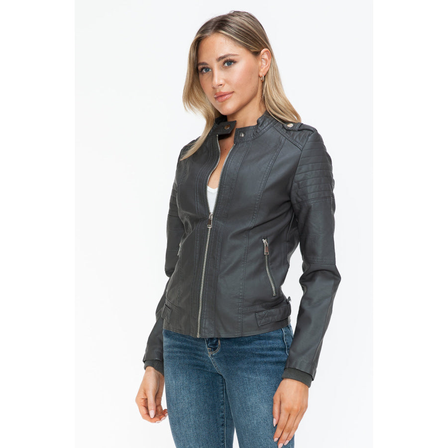 Snobbish PU Leather Biker Jacket with Side Zip Pockets Apparel and Accessories