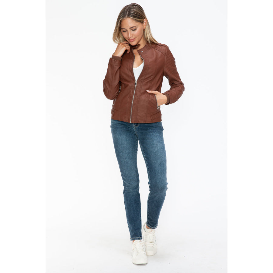 Snobbish PU Leather Biker Jacket with Side Zip Pockets Apparel and Accessories