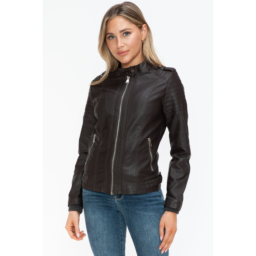 Snobbish PU Leather Biker Jacket with Side Zip Pockets Apparel and Accessories