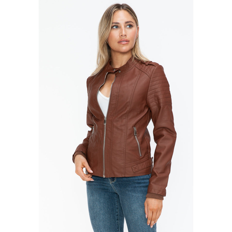 Snobbish PU Leather Biker Jacket with Side Zip Pockets Apparel and Accessories