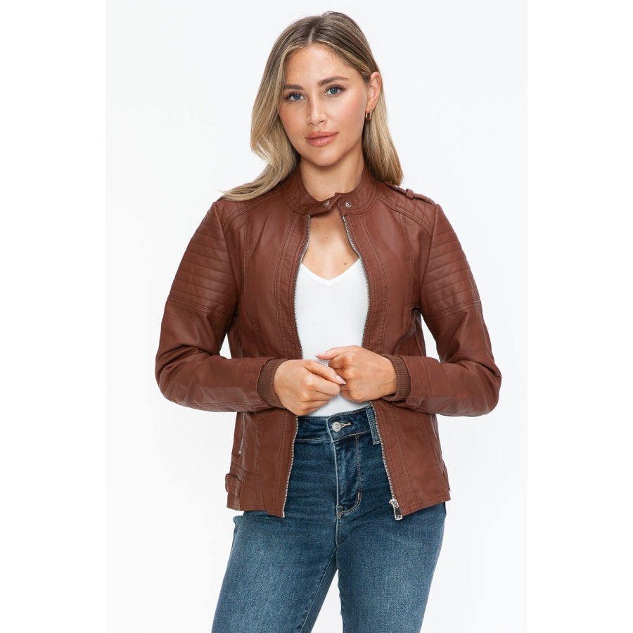 Snobbish PU Leather Biker Jacket with Side Zip Pockets Apparel and Accessories