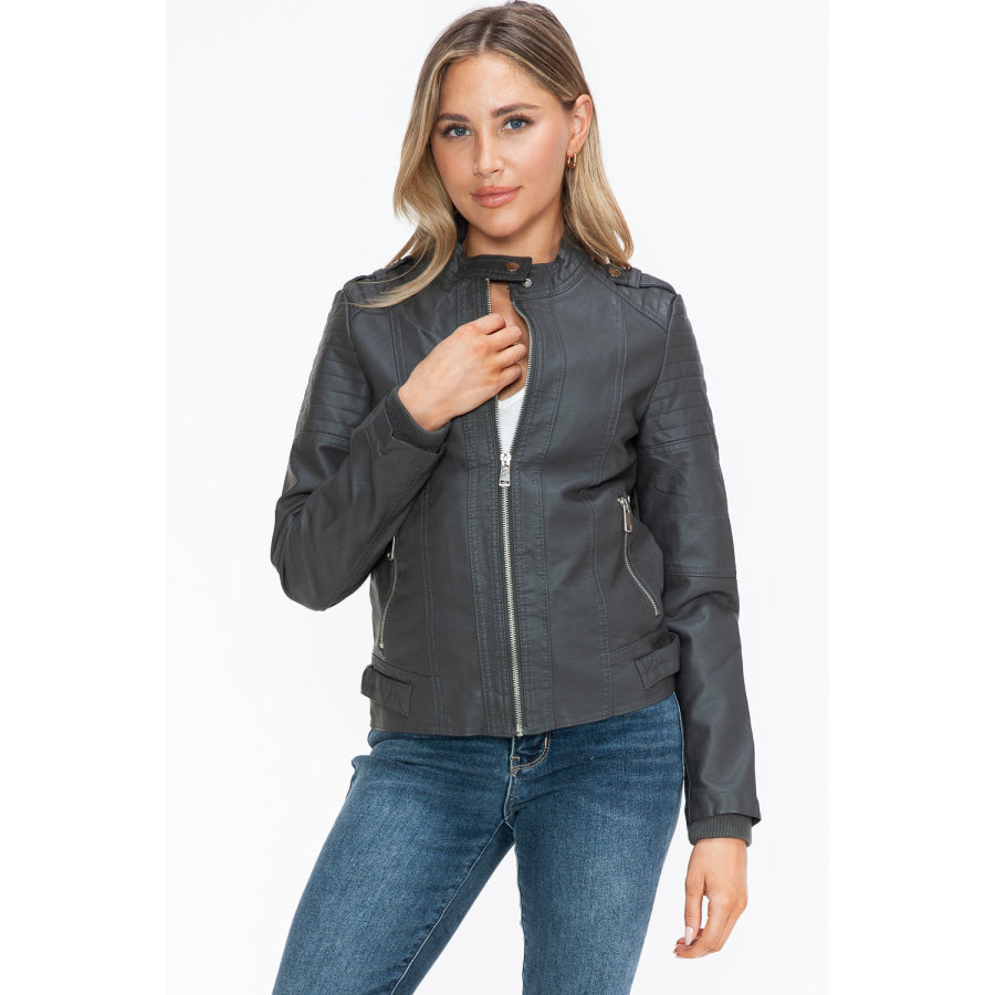 Snobbish PU Leather Biker Jacket with Side Zip Pockets Apparel and Accessories