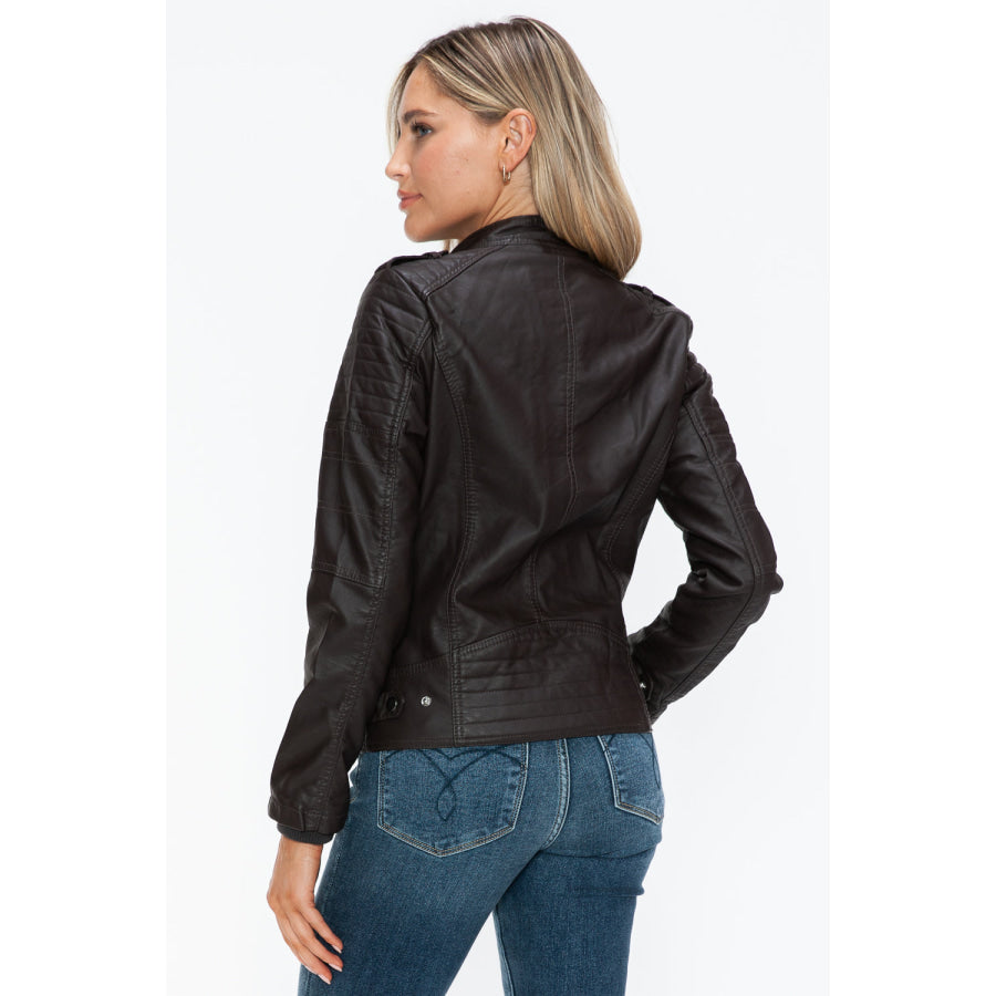 Snobbish PU Leather Biker Jacket with Side Zip Pockets Apparel and Accessories