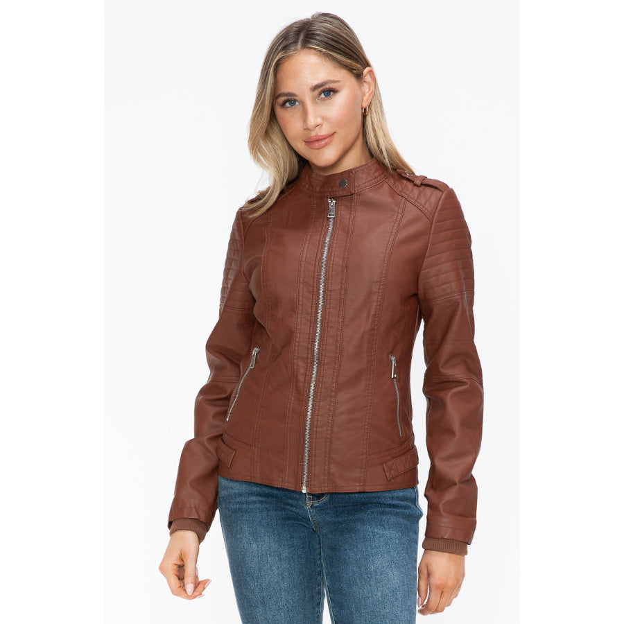 Snobbish PU Leather Biker Jacket with Side Zip Pockets Apparel and Accessories