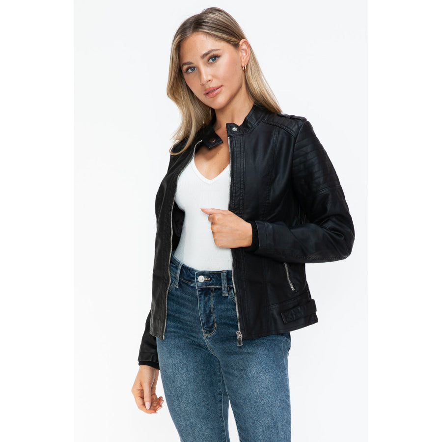 Snobbish PU Leather Biker Jacket with Side Zip Pockets Apparel and Accessories