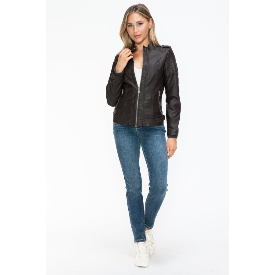 Snobbish PU Leather Biker Jacket with Side Zip Pockets Apparel and Accessories