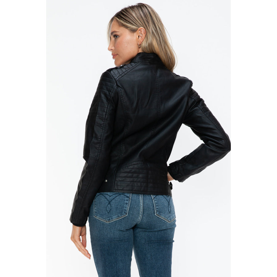 Snobbish PU Leather Biker Jacket with Side Zip Pockets Apparel and Accessories