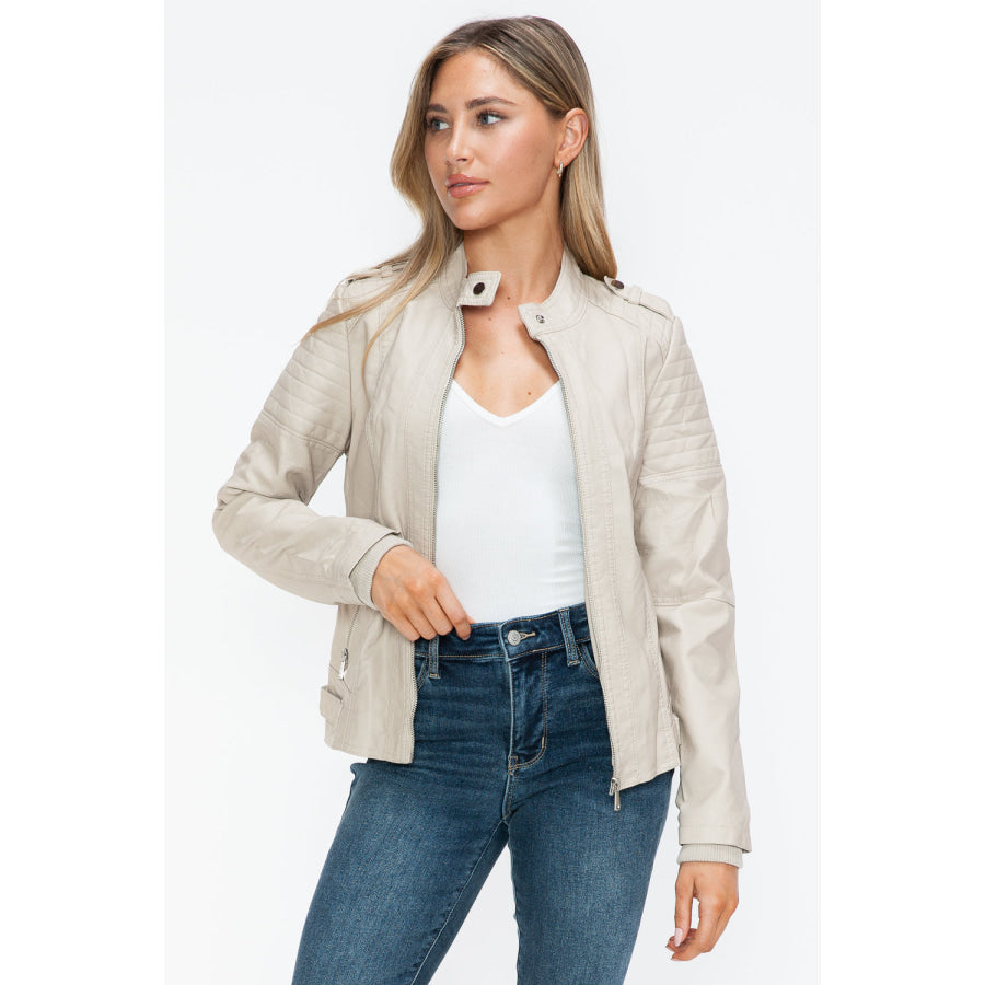 Snobbish PU Leather Biker Jacket with Side Zip Pockets Apparel and Accessories