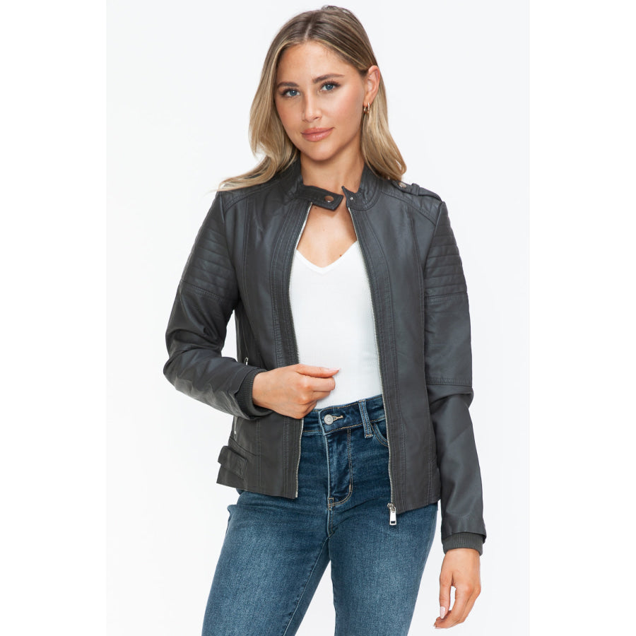 Snobbish PU Leather Biker Jacket with Side Zip Pockets Apparel and Accessories