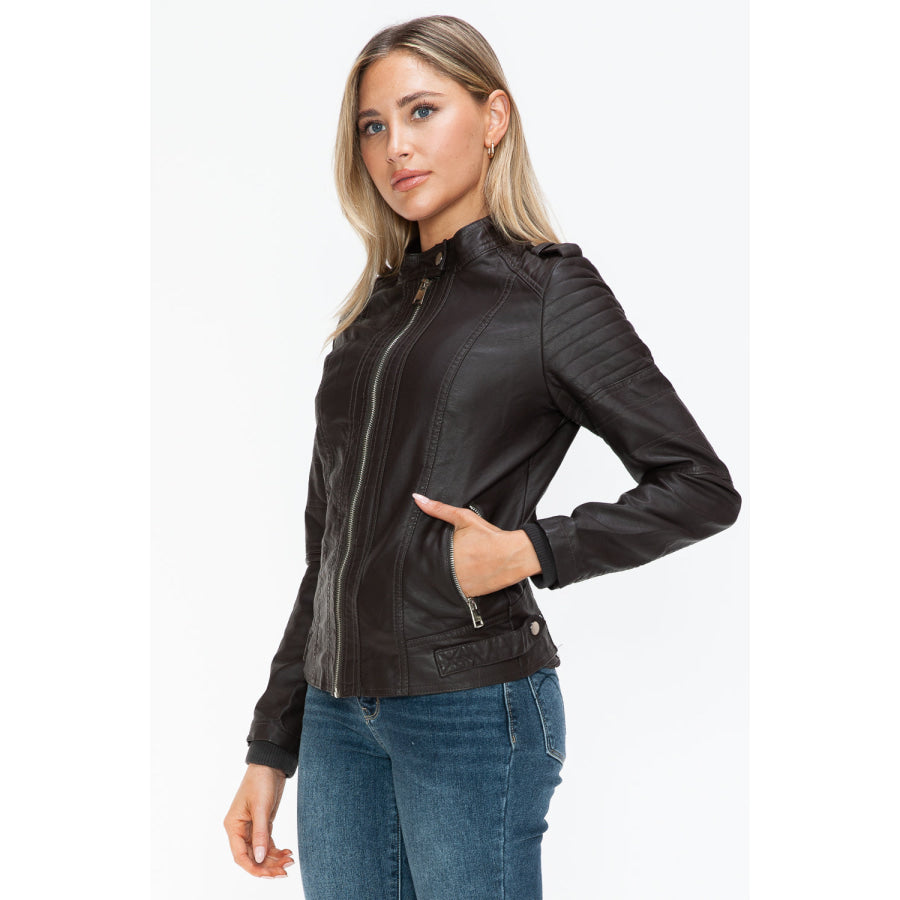 Snobbish PU Leather Biker Jacket with Side Zip Pockets Apparel and Accessories