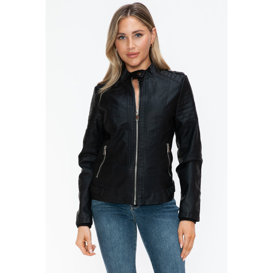 Snobbish PU Leather Biker Jacket with Side Zip Pockets Apparel and Accessories